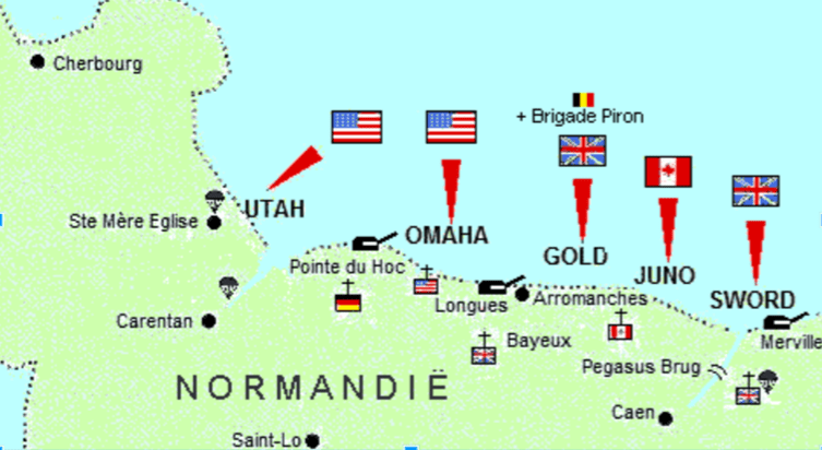 Afbeelding 1, van west naar oost waren de codenamen ervan Utah, Omaha, Gold, Juno en Sword. De Amerikaanse strijdkrachten landden op Utah en Omaha.